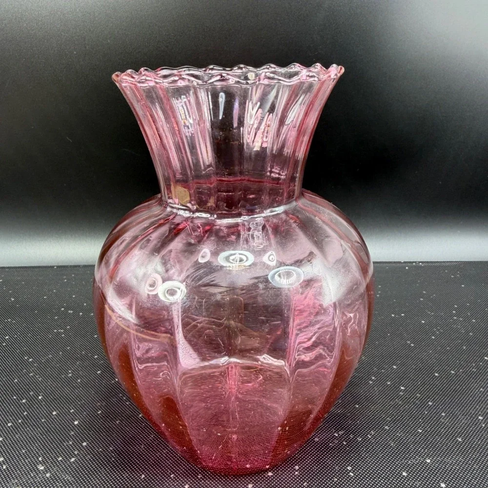 Vintage Pilgrim Glass Cranberry Pink Hand Blown Glass Vase Optic Rib Ruffled Rim